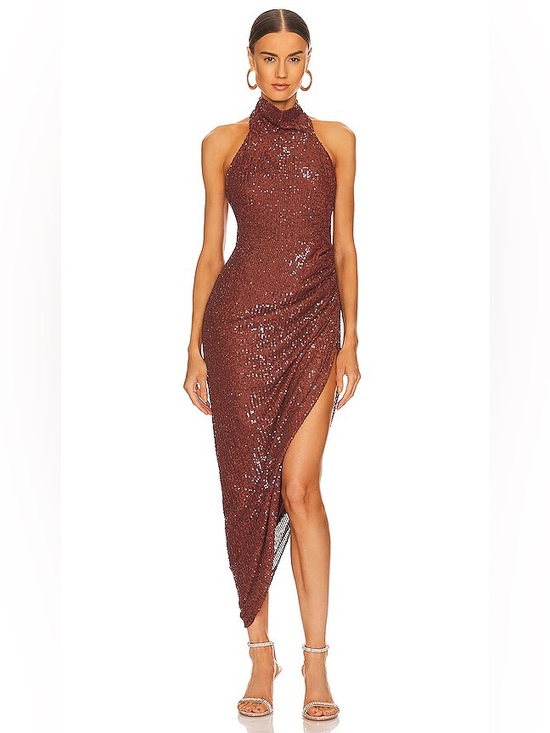 ITMFL Dresses & Skirts - ITMFL Marissa Chocolate Brown Sequin Asymmetrical Mockneck Gown Dress EUC Size S